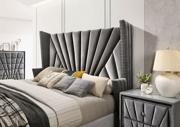 English Elm Bedroom Wooden Queen Bed with High Panel Headboard, Gold Trim Accent, Modern Luxury Design Gray 69.5 L x 26 W x 5 H B2741S00108