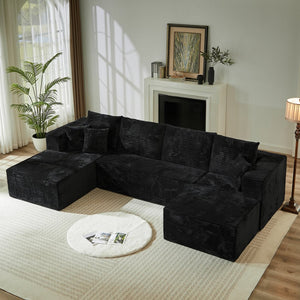English Elm 133.86" Cloud Modular U-shaped Sectional Ribbed Corded Fabric Deep Seat Living Room Sofa Black W668S00009