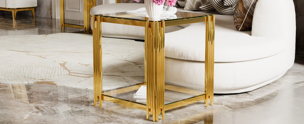 English Elm Modern Round Mirrored Glass End Table with Gold Metal Frame and Lower Display Shelf Transparent N735P380093K
