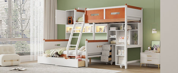 English Elm Twin Over Full Wooden Bunk Bed With Desk, Storage Drawers, Shelves & Led Lights - Stylish & Functional N820S00064K-GIGA