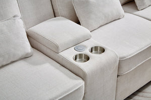 English Elm 114" Modern Upholstered Sofa with Console, Built-In USB & Cupholders, Durable Linen Fabric Comfort Beige W2353S00003