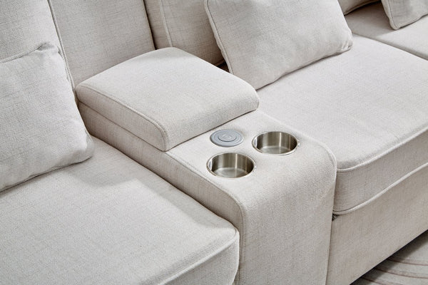 English Elm 114" Modern Upholstered Sofa with Console, Built-In USB & Cupholders, Durable Linen Fabric Comfort Beige W2353S00003