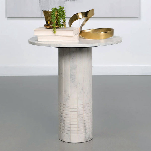 English Elm Round White Marble End Table with Fluted Cylindrical Base, Neoclassical Grid Texture Accent Piece B016S00038