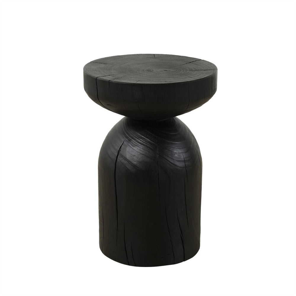 English Elm Solid Mango Wood Round Accent Table Hand Burned Finish Sculptural Plant Stand Nightstand W347P430101
