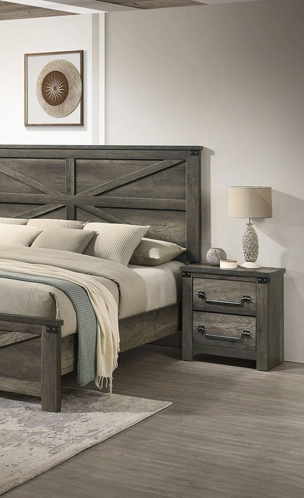 English Elm Rustic Farmhouse 3pc Queen Bed Set with Metal-Accent Headboard & Antique Brass Handles, Sturdy Gray 68 L x 35 W x 7 H B2741S00167