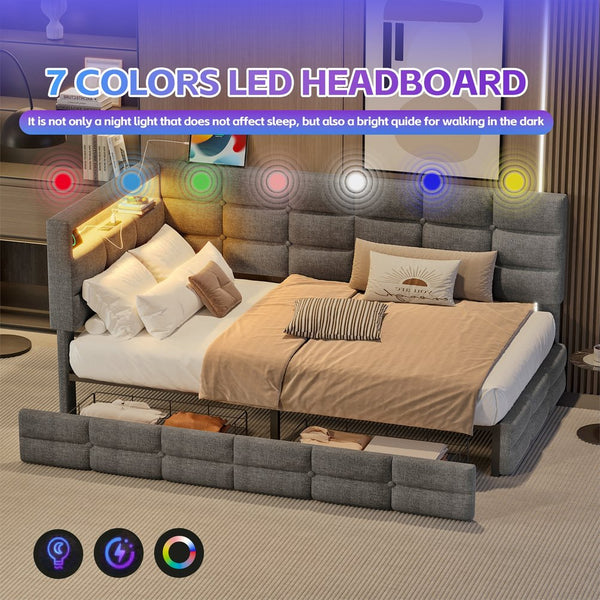 English Elm Upholstered Twin Daybed with 2 Under-Bed Drawers, Headboard Storage, USB-C Charging & LED Lights Gray 41.31 L x 21.42 W x 13.37 H N733P285121E