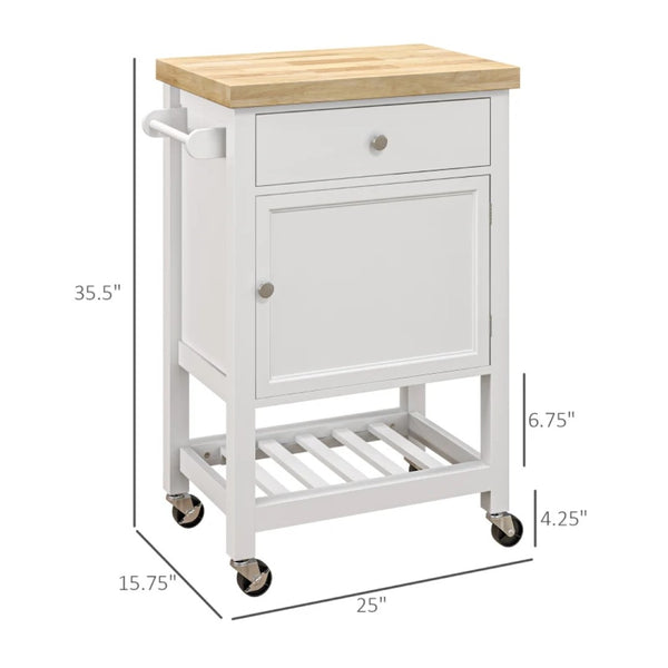 English Elm Mobile Rolling Kitchen Cart with Rubberwood Top Cabinet Drawer and Locking Casters T3971P469975