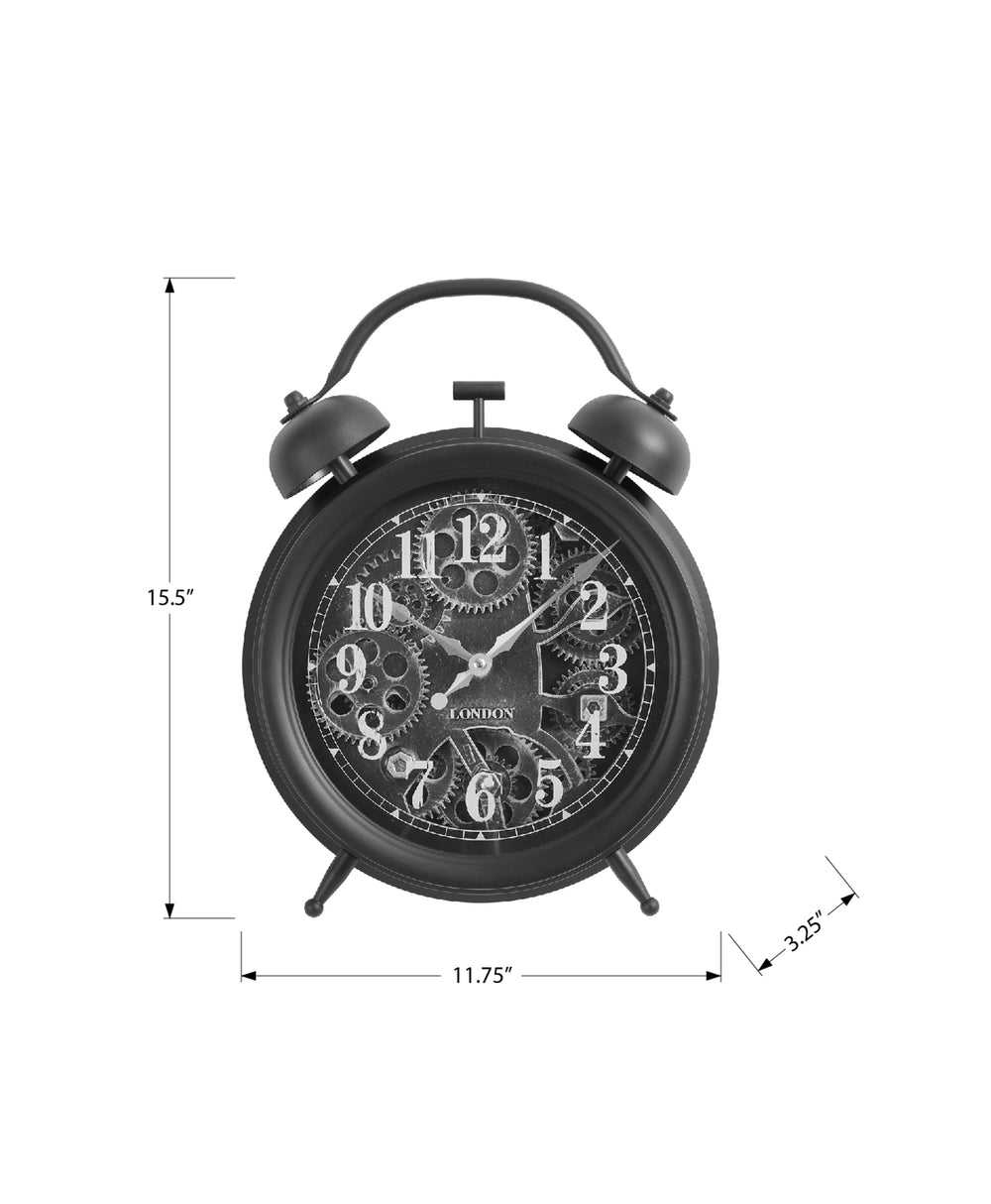 English Elm Clocks, 12" Round Black Table Clock With Moving Gear Mechanism, Vintage-Industrial Style Decor B2710P287131