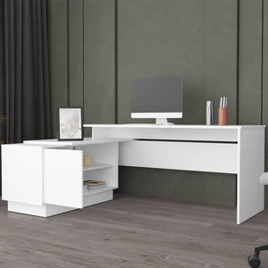 English Elm L-Shaped Desk with Right Return — Spacious 59" Work Surface, Cabinet + Shelves for Office Storage White 44.88 L x 26.77 W x 6.3 H B097S00182
