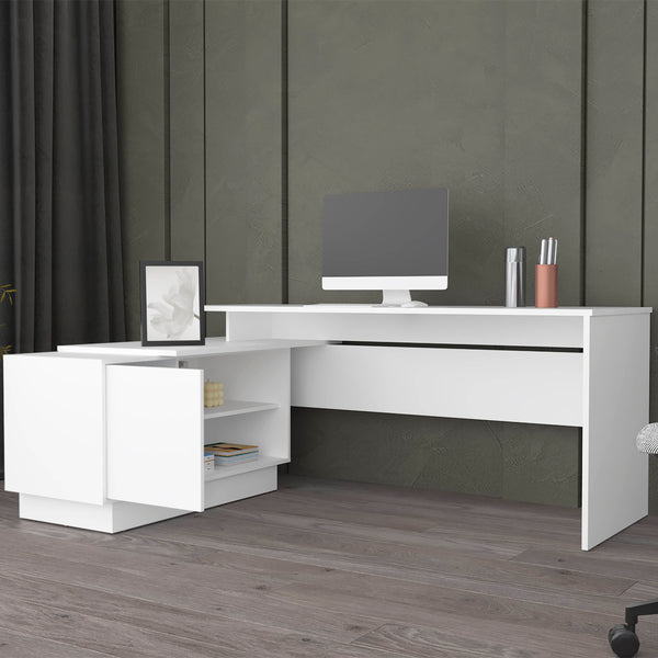 English Elm L-Shaped Desk with Right Return — Spacious 59" Work Surface, Cabinet + Shelves for Office Storage White 44.88 L x 26.77 W x 6.3 H B097S00182