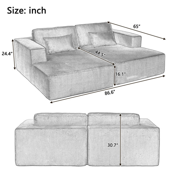 English Elm U_Style Corduroy Double Sofa Bed with Plush Supportive Sponge-Spring Seats and Removable Back Cushions Gray WY000449AAE