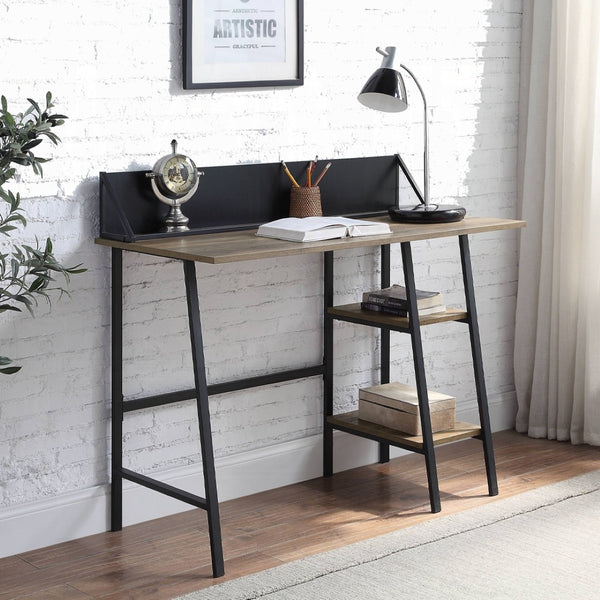 English Elm Rustic Oak And Black 2-Tier Writing Desk With H-Shape Base, Device Holder & Compact Design For Small Spaces B062P209210-GIGA
