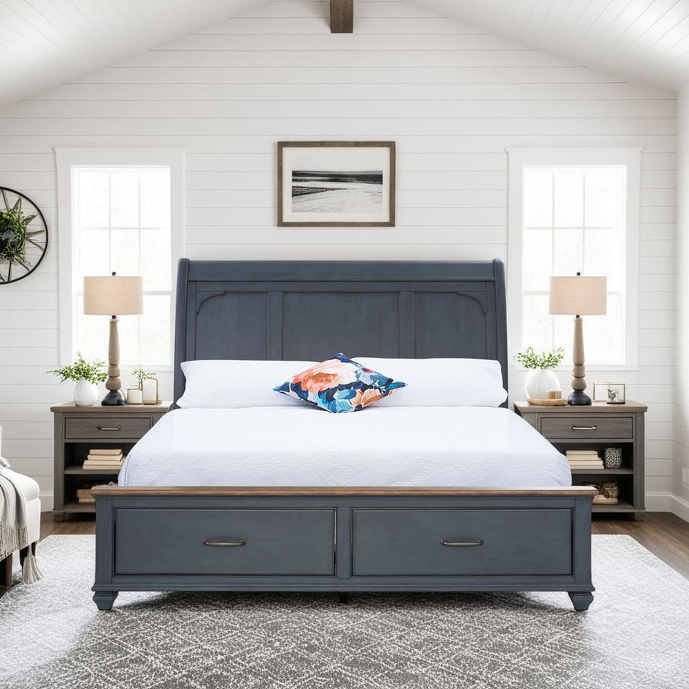 English Elm Queen Sleigh Bed with Corduroy Blue Finish, USB Headboard, Storage Footboard, Rustic Coastal Charm B108S00030