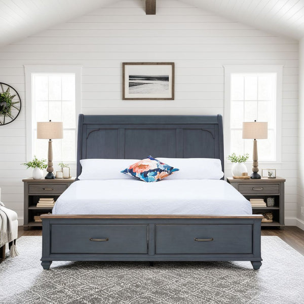 English Elm Queen Sleigh Bed with Corduroy Blue Finish, USB Headboard, Storage Footboard, Rustic Coastal Charm B108S00030