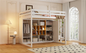 English Elm Twin Loft Bed with Wardrobe Shelves and Cabinet Kids Bedroom Wood Storage Frame Yellow+White N708S00024K