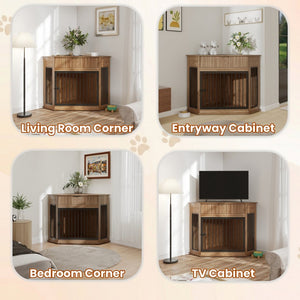 English Elm 44.6'' Corner Mdf Dog Kennel Cabinet with Fluted Drawer End Table for Modern Living Natural Walnut W5216P415905