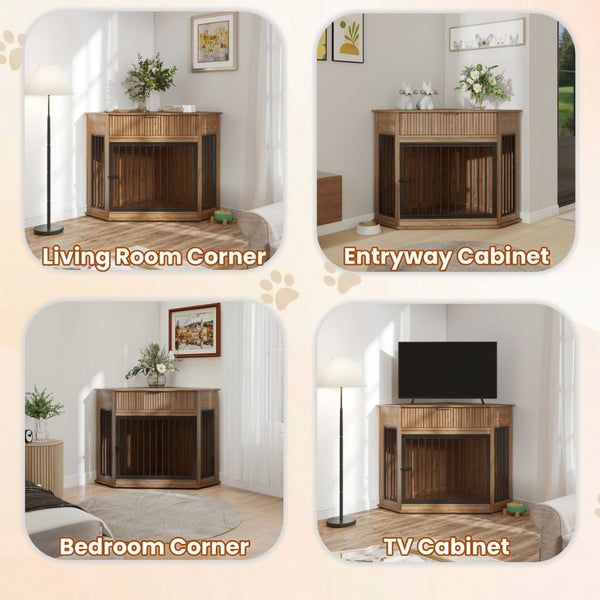 English Elm 44.6'' Corner Mdf Dog Kennel Cabinet with Fluted Drawer End Table for Modern Living Natural Walnut W5216P415905