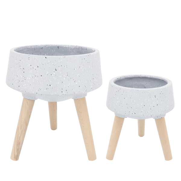 English Elm S/2 Terrazzo Magnesia Planters with Wood Legs for Modern Indoor Outdoor Decor B079106820