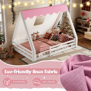 English Elm Twin Montessori Floor Bed Solid Pine Teepee Frame with Guardrails and Canopy Light White+Pink W1580P369467