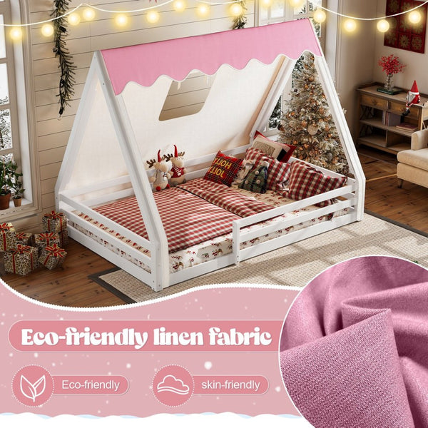 English Elm Twin Montessori Floor Bed Solid Pine Teepee Frame with Guardrails and Canopy Light White+Pink W1580P369467