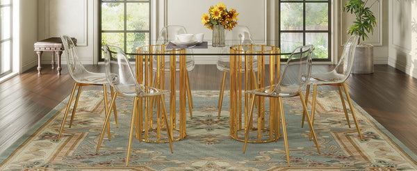 English Elm Table and Chair Set Oval Tempered Glass Top Gold Base with 6 Acrylic Seats W1151S04730