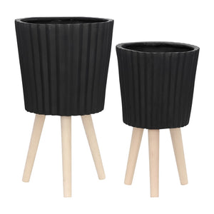 English Elm S/2 Ridged Magnesia Planters with Tapered Wood Legs Modern Matte Black Indoor Set B079106821