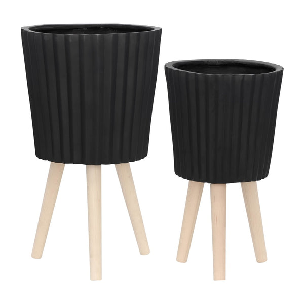 English Elm S/2 Ridged Magnesia Planters with Tapered Wood Legs Modern Matte Black Indoor Set B079106821