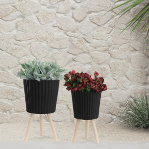 English Elm S/2 Ridged Magnesia Planters with Tapered Wood Legs Modern Matte Black Indoor Set B079106821