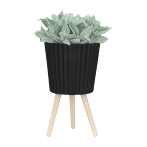 English Elm S/2 Ridged Magnesia Planters with Tapered Wood Legs Modern Matte Black Indoor Set B079106821