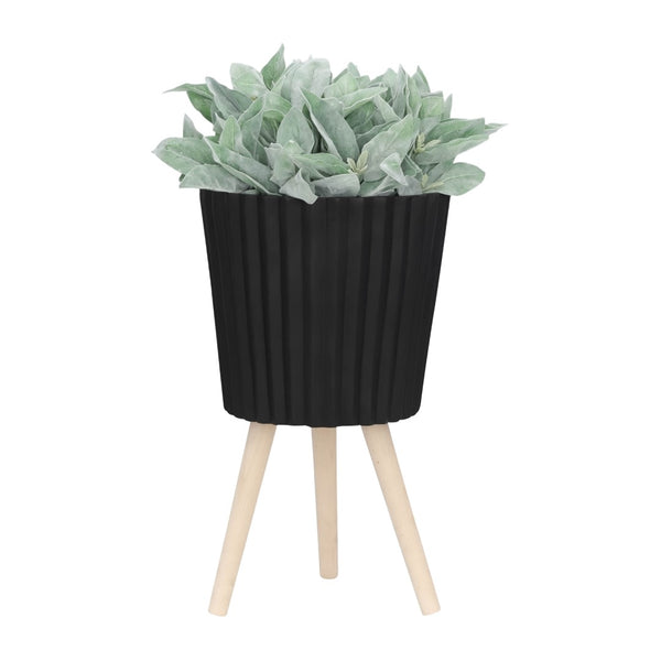 English Elm S/2 Ridged Magnesia Planters with Tapered Wood Legs Modern Matte Black Indoor Set B079106821