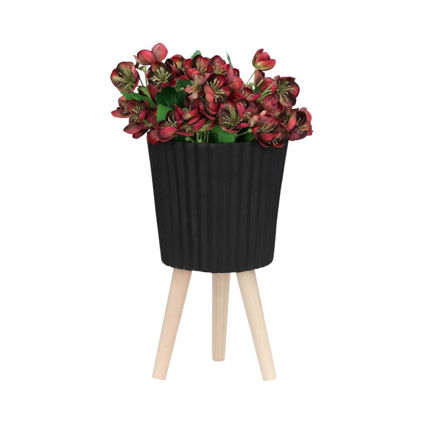 English Elm S/2 Ridged Magnesia Planters with Tapered Wood Legs Modern Matte Black Indoor Set B079106821