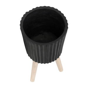 English Elm S/2 Ridged Magnesia Planters with Tapered Wood Legs Modern Matte Black Indoor Set B079106821