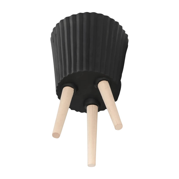 English Elm S/2 Ridged Magnesia Planters with Tapered Wood Legs Modern Matte Black Indoor Set B079106821