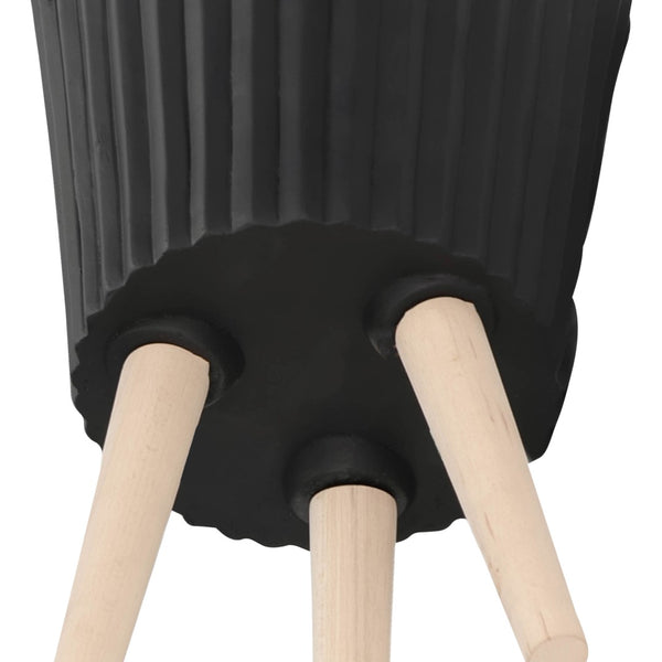 English Elm S/2 Ridged Magnesia Planters with Tapered Wood Legs Modern Matte Black Indoor Set B079106821