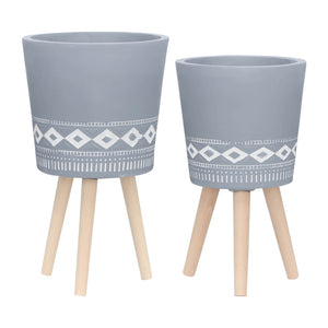 English Elm S/2 Diamond Faceted Magnesia Planters with Wood Legs Mid-century Modern Indoor Outdoor Gray B079106823