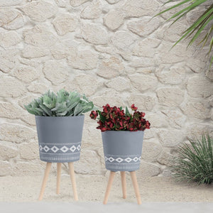 English Elm S/2 Diamond Faceted Magnesia Planters with Wood Legs Mid-century Modern Indoor Outdoor Gray B079106823