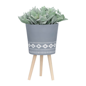 English Elm S/2 Diamond Faceted Magnesia Planters with Wood Legs Mid-century Modern Indoor Outdoor Gray B079106823