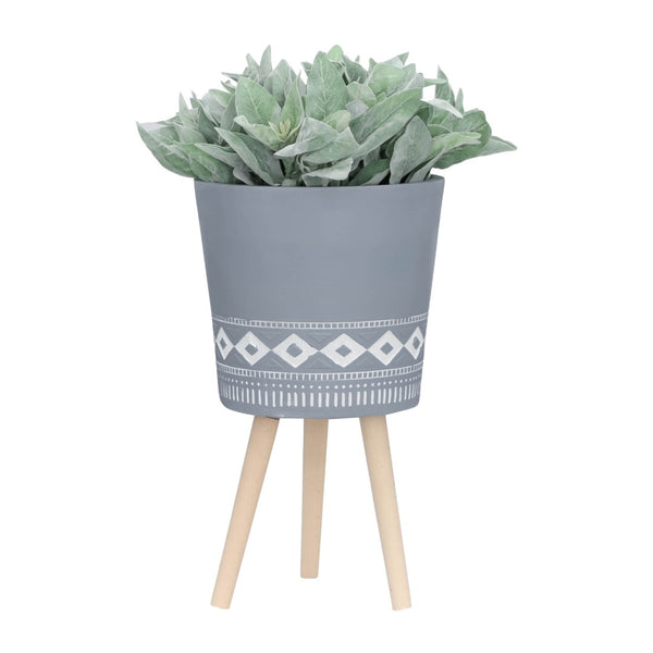 English Elm S/2 Diamond Faceted Magnesia Planters with Wood Legs Mid-century Modern Indoor Outdoor Gray B079106823