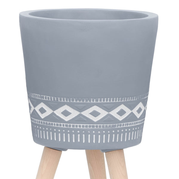 English Elm S/2 Diamond Faceted Magnesia Planters with Wood Legs Mid-century Modern Indoor Outdoor Gray B079106823