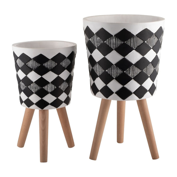 English Elm S/2 Diamond Faceted Magnesia Planters with Wood Legs Mid-century Modern Indoor Outdoor Black B079106825
