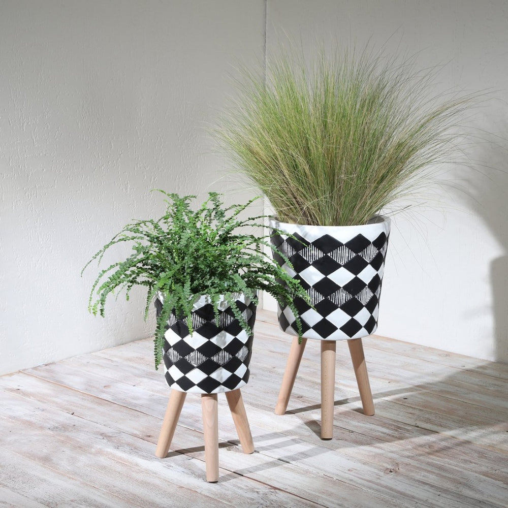 English Elm S/2 Diamond Faceted Magnesia Planters with Wood Legs Mid-century Modern Indoor Outdoor Black B079106825