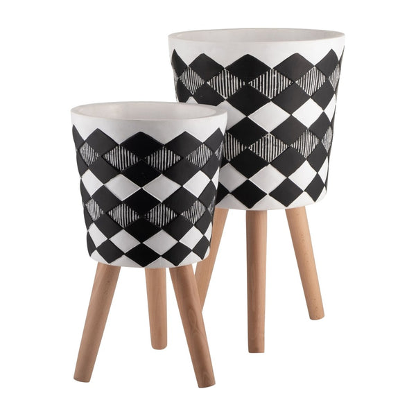 English Elm S/2 Diamond Faceted Magnesia Planters with Wood Legs Mid-century Modern Indoor Outdoor Black B079106825