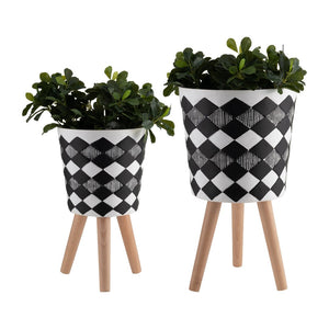 English Elm S/2 Diamond Faceted Magnesia Planters with Wood Legs Mid-century Modern Indoor Outdoor Black B079106825