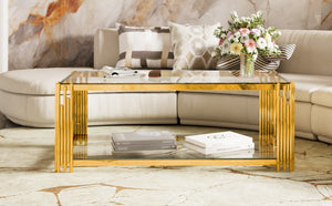 English Elm Modern Glam Rectangular Coffee Table with Mirrored Top Gold Sculptural Frame Open Shelf Transparent N735P380099K