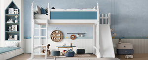 English Elm Queen Solid Pine Loft Bed with Wardrobe Shelves Detachable Slide and Dual Sleeping Zones Blue,Off White W5305S00029