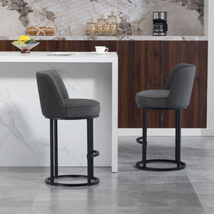 English Elm Counter Height Barstools Set of 2 Linen Upholstered Barrel Seat with Iron Legs Gray W395P410436