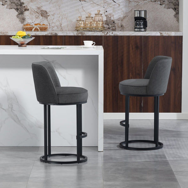 English Elm Counter Height Barstools Set of 2 Linen Upholstered Barrel Seat with Iron Legs Gray W395P410436