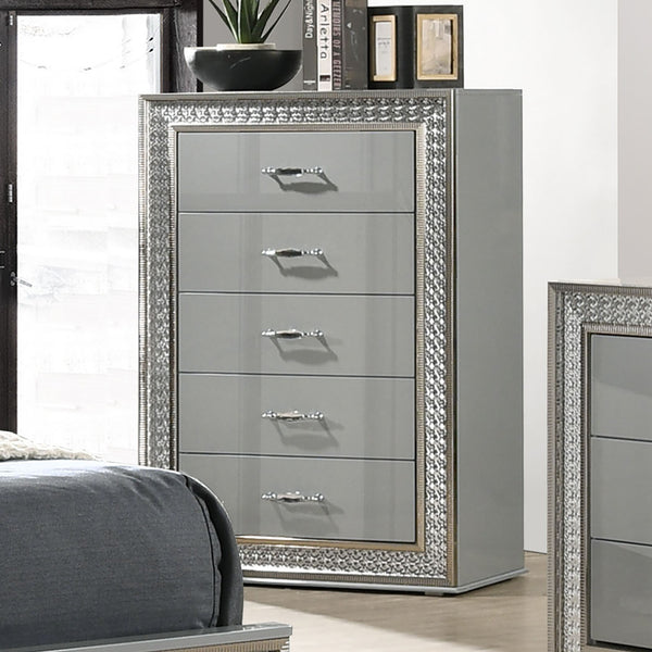 English Elm Glam Metallic Gray 5-Drawer Chest with Scale Molding Trim, Felt Lined Drawers, Durable Wood 49"H B2741P369860