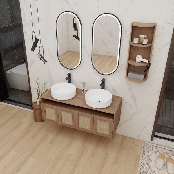 English Elm 48" Floating Bathroom Vanity Dual Ceramic Vessel Sinks Oak Finish Soft Close Doors W999S00504