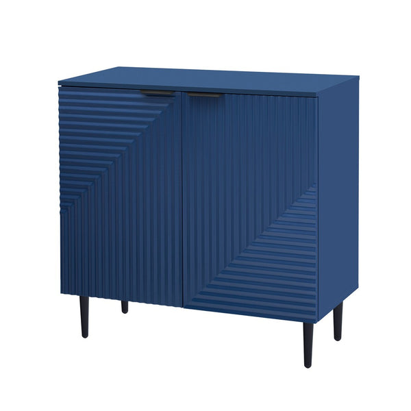 English Elm Mirod Lacquered Side Cabinet Geometric Door Panels Metal Legs Adjustable Interior Shelves Navy Blue N760P221050M